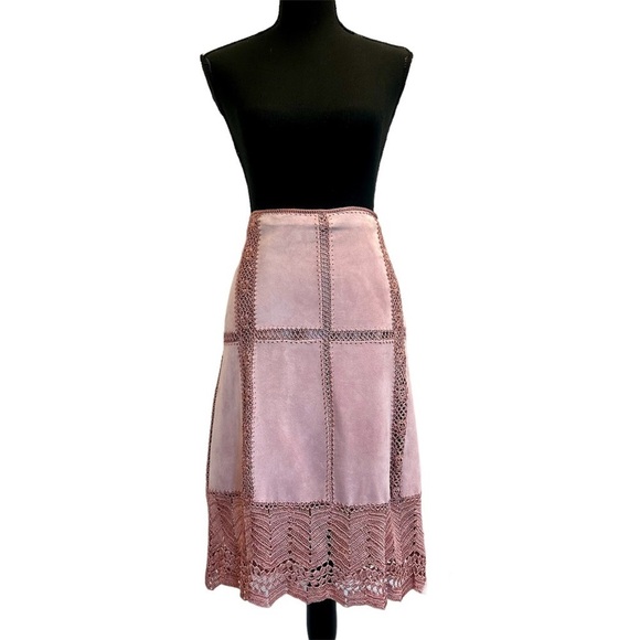 Danier Dresses & Skirts - Danier pink suede leather crochet knit patchwork skirt Sz 12